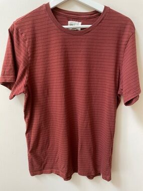 Pact Men's Short-Sleeve Crewneck Tee in Brick Red Stripe